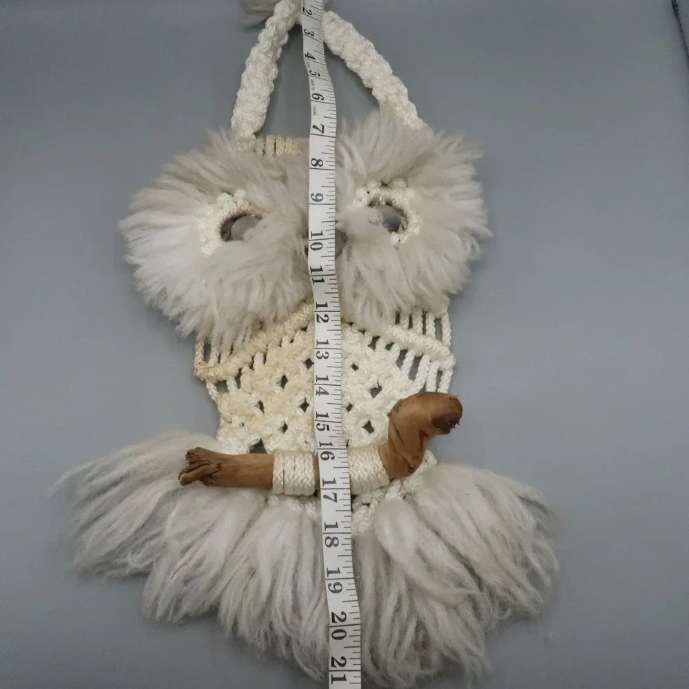 Handmade Macrame White Owl on Wood Branch Wall Hanging 21 inches
